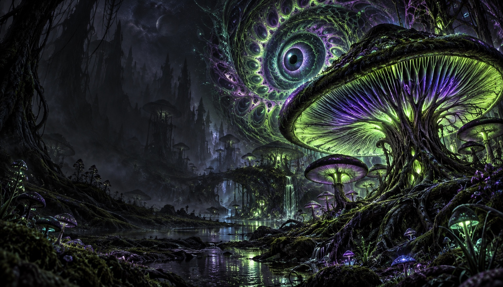 Psychedelic forest and glowing mushrooms